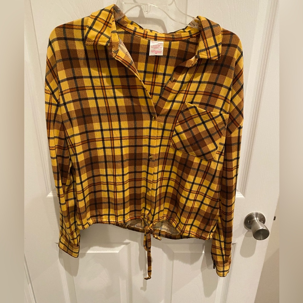 Yellow and Brown Plaid Button-Up Shirt